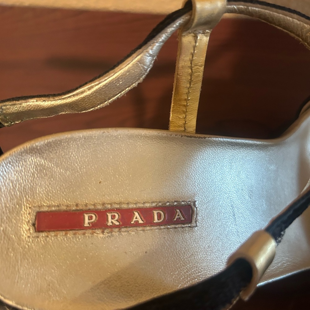 Prada Black and Gold Wedge Sandals - Picture 2 of 6
